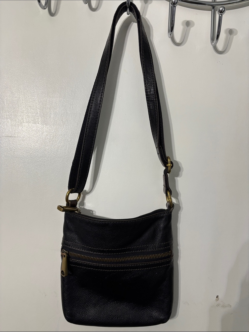 Fossil Black Leather Messenger Crossbody Bag